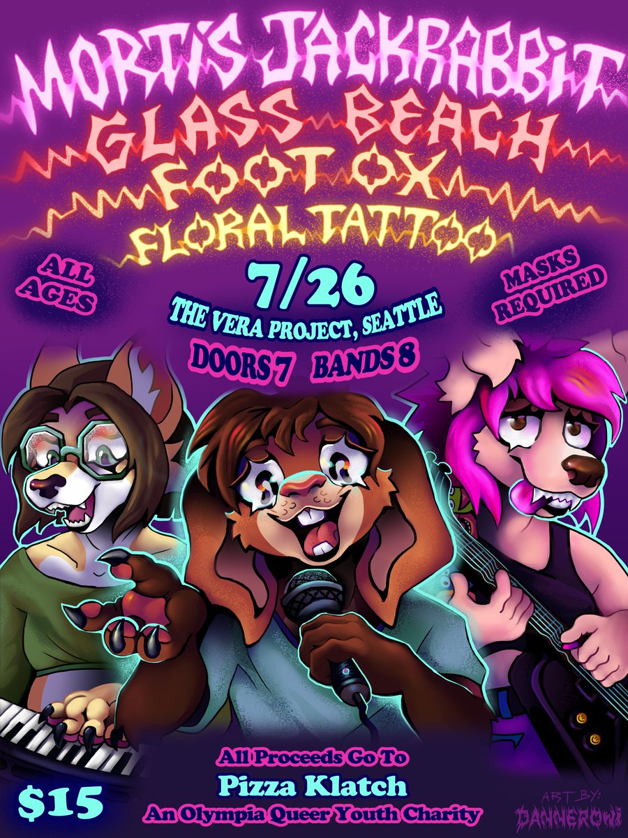 HOT GIG ALERT!!! @mortisandco @glassbeachband foot ox and us are putting on a show for the olympia queer youth charity pizza klatch later this summer at @veraproject. @Danneroni did the poster. tickets: link.dice.fm/C5301b427105