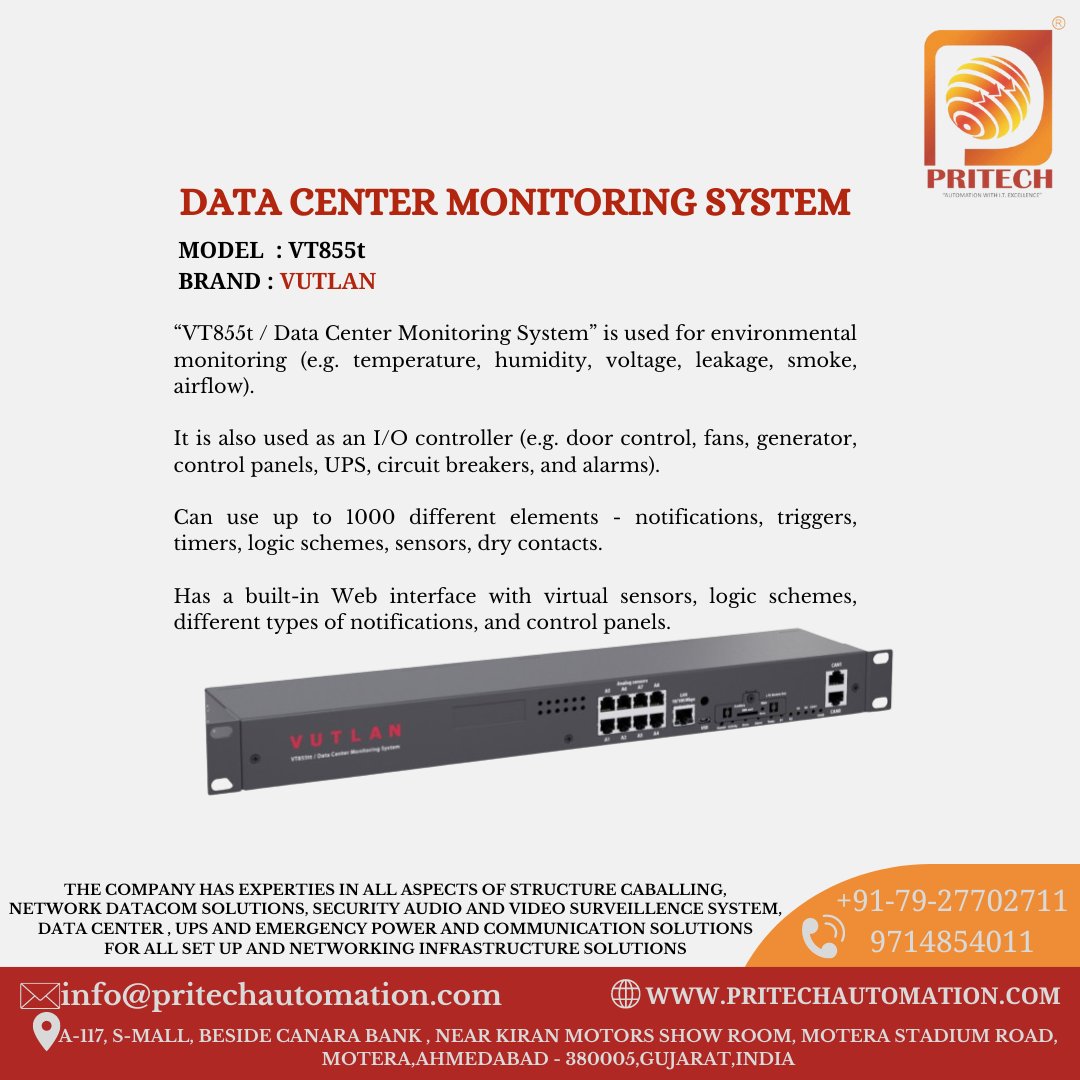 PRITECH AUTOMATION PVT. LTD. Presents DATA CENTER MONITORING SYSTEM BY VUTLAN
#pritechautomation
#smartavi
#VPI
#networktechnology(NTI).
#vutlan
#IPGuard
CONTACT US:
info@pritechautomation.com
WHATSAPP CHANNEL LINK:
whatsapp.com/channel/0029Va…
WEBSITE:
pritechautomation.com