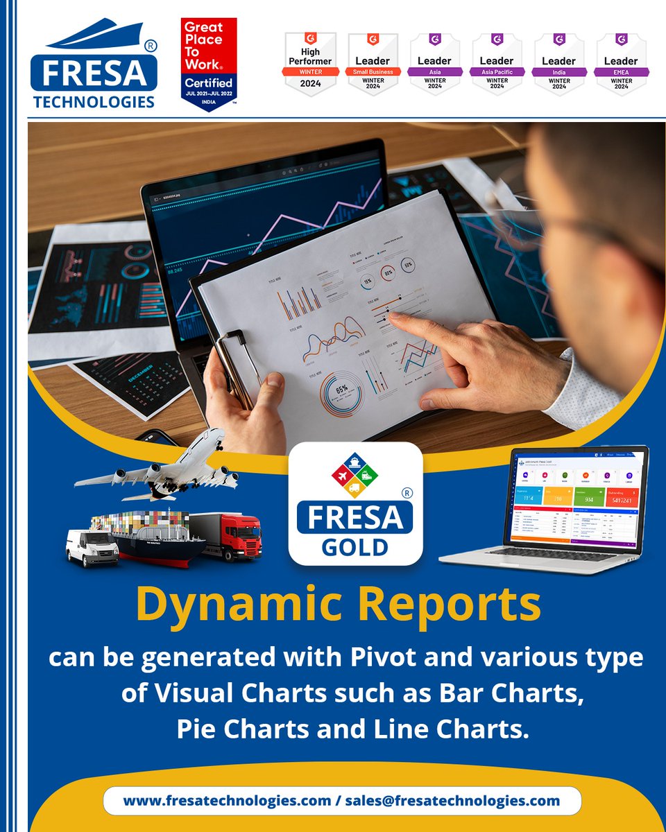 Dynamic Reports
can be generated with Pivot and various type of Visual Charts such as Bar Charts, Pie Charts and Line Charts.

#fresa | #ERP | #fresagoldsoftware | #all_in_one | #warehouse | #shipping | #freight | #fresagold | #Charts | #Reports