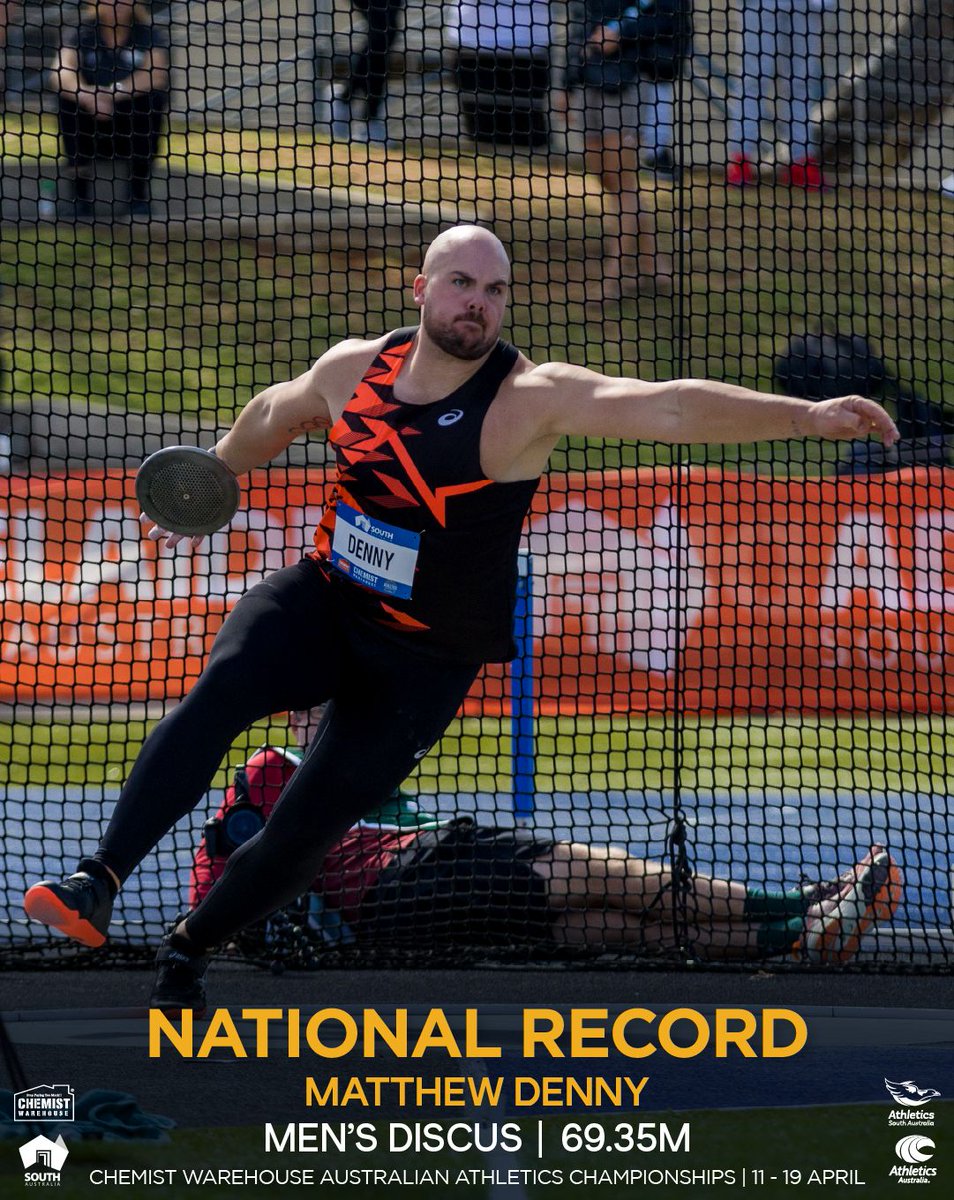 DENNY GOES BANG 🥏💥 Reigning Diamond League champion Matt Denny treats fans to a new Australian record of 69.35m in the Men's Discus at the 2024 Chemist Warehouse Australian Athletics Championships! Statement made 👀✅ #ItsShowtime #ThisIsAthletics