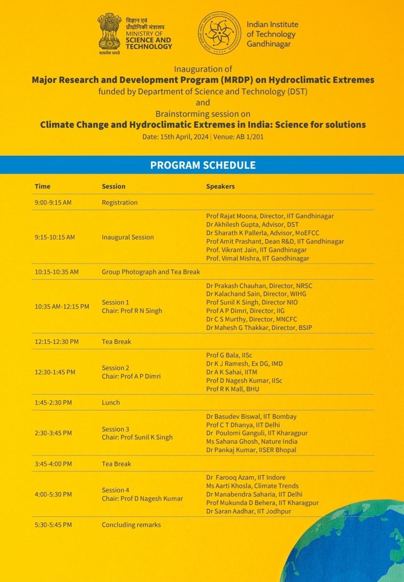 Look forward to my participation at the launch of @IndiaDST supported 'Major R&D Program on Hydroclimatic Extremes' sanctioned to @vmishraiit at @iitgn.  Climate change will impact frequency, intensity, duration n extent of extreme events in a big way. 
@karandi65 @anitadst16