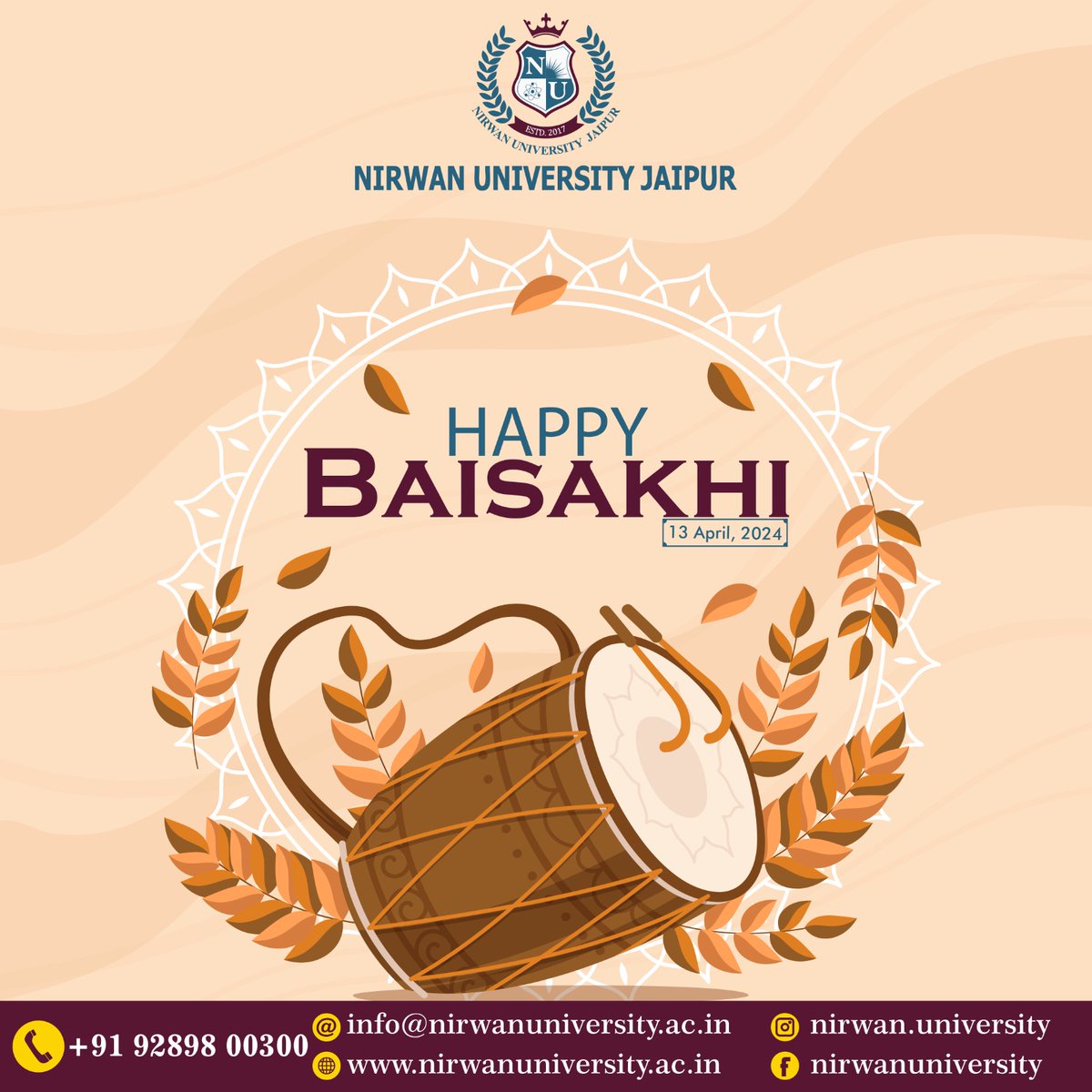 Happy Baisakhi! 🌾 May this vibrant festival bring joy, prosperity, and new beginnings to you and your loved ones. Let's celebrate the spirit of harvest and unity. #NirwanUniversityJaipur #NirwanUniversity #AdmissionsOpen #DreamCareer #Baisakhi #FestivalOfHarvest