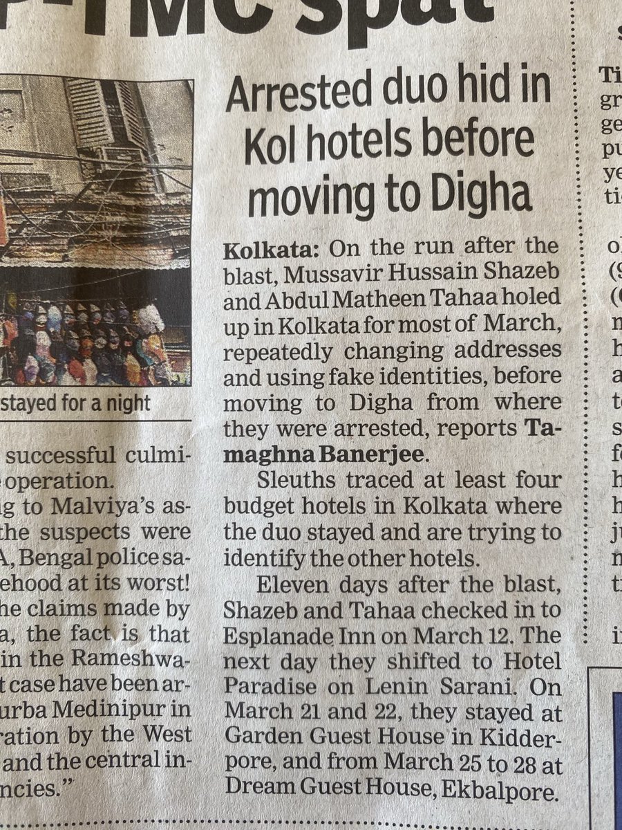 Bengaluru cafe bombers Mussavir & Abdul hid in Kolkata hotels, ⁦@MamataOfficial⁩, under the nose of Kolkata police for nearly all of March without being caught⁩. It took intel from #NIA to locate them in West Bengal’s Digha where they were arrested in a joint NIA-WB op