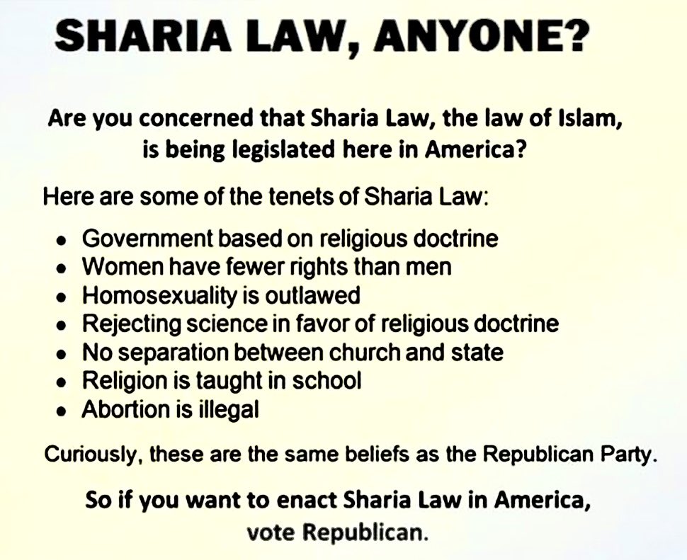 Islam, judaism, and christianity all stem from the same religion, and all have similar rules. If you want these rules imposed on you and the ones you love, then vote republican.