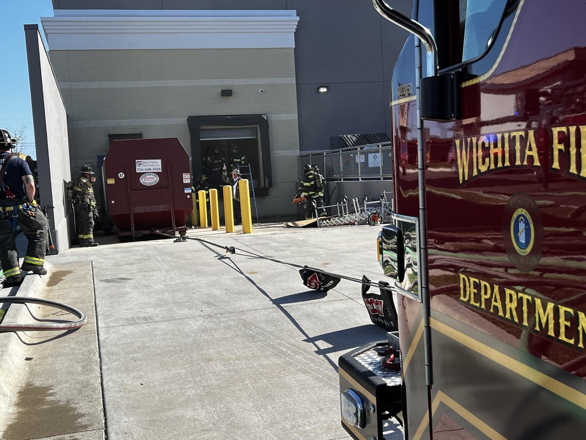 A little excitement on the east side today at Marshall’s deparment store loading dock. Fire was contained inside the trash compactor. Rescue 2 was able to move the container away from the building to keep it from spreading. #wichitaFD