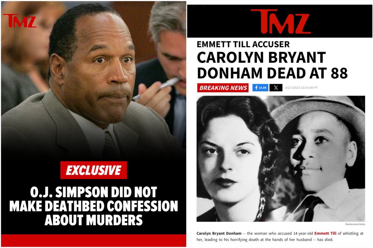 Interesting that @TMZ was hoping there was a “deathbed confession” from O.J. Simpson, who was acquitted in a jury trial, yet never mentioned the fact that Carolyn Donham Bryant, the woman who caused the murder of Emmett Till and lied on the witness stand to protect his murderers,…