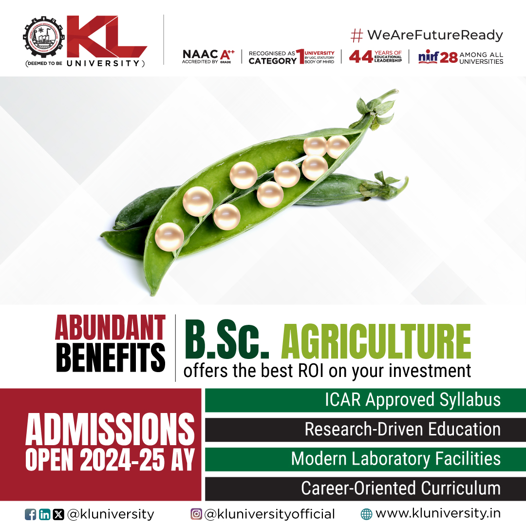 Designed with your future in mind, our career-oriented curriculum equips graduates with the skills and knowledge demanded by today's agricultural industry. 

Apply Now: kluniversity.in/admissions-202…

#KLuniversity #KLU #AdmissionsAreOpen2024  #WeAreFutureReady  #BSC #Agriculture