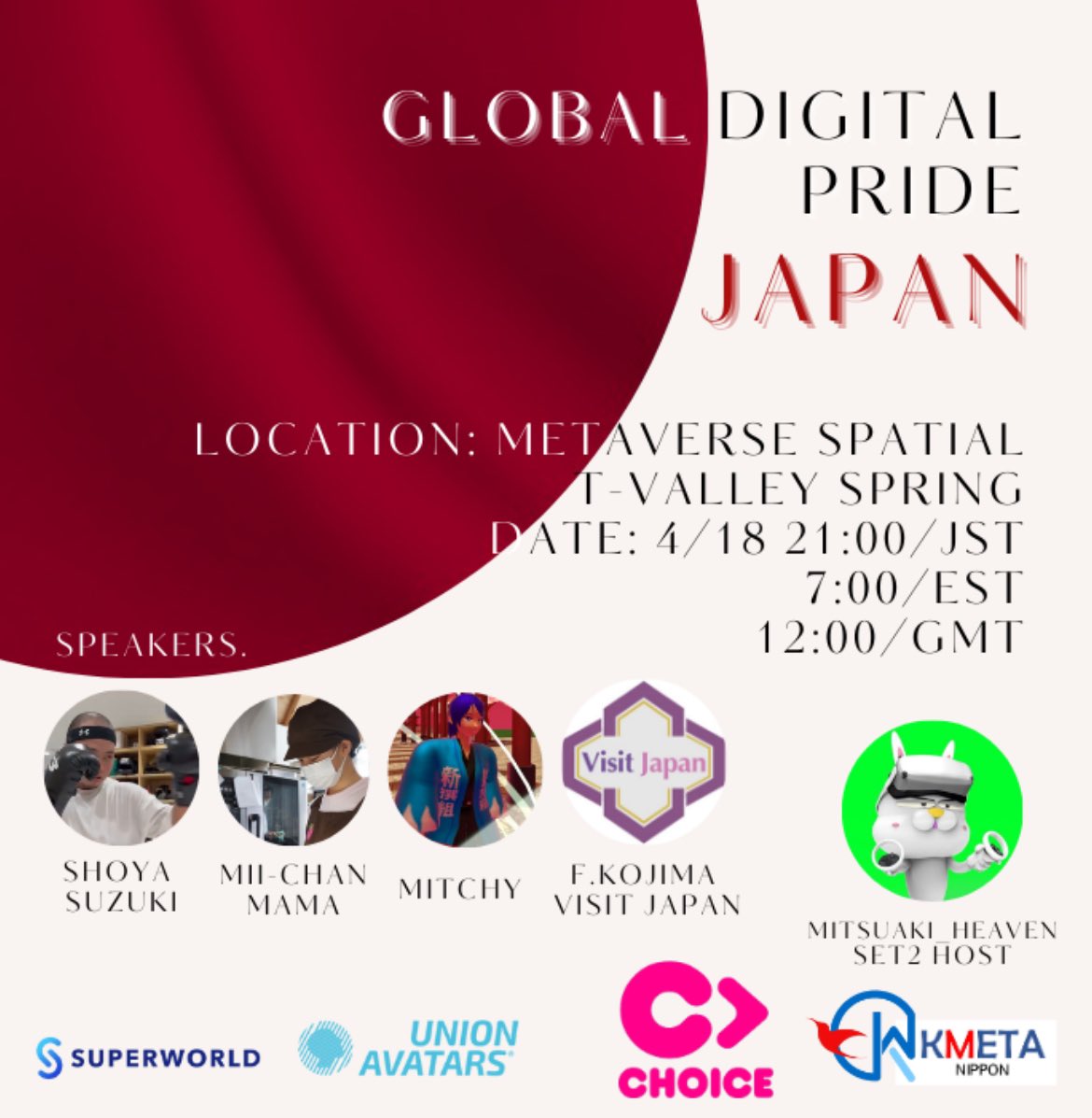 ChoiceLgbt's tweet photo. 🕊️18th of April
9pm JST/ 2pm CET/ 7am EST
Join to celebrate 🌈#GlobalDigitalPride🎌Japan at @Spatial_io

https://t.co/EkKBFScuo0

❤️‍🔥Co-Creation by #KMETA 
Speakers
🏳️‍⚧️@189126 
@miokashi2020
@visit_japan_web
@Mitchy9Michio

Music Show @AKDESIGNSTUDIO

✨@superworldapp @UnionAvatars https://t.co/j8opEfELOP