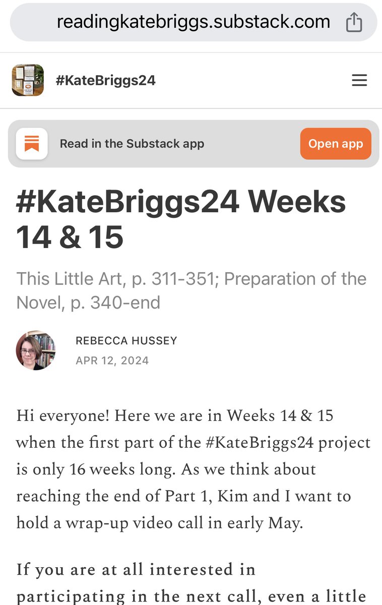 #KateBriggs24 The next newsletter is out for weeks 14 & 15 (🙏 @Ofbooksandbikes!) with a link to the survey for our next video call. readingkatebriggs.substack.com/p/katebriggs24…