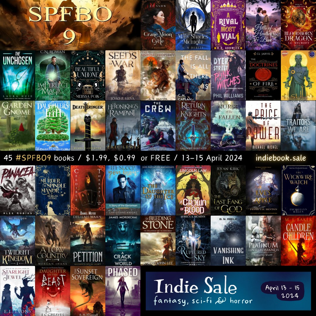 Hey #SPFBO community, with just TWO WEEKS left in the contest, now is a great chance to pick up some awesome #SPFBO9 reads!

📚 45 SPFBO titles, including
🏅 11 semi-finalists, &
🏆 7 finalists!
🔥 All $1.99, $0.99, or FREE
📅 Sale runs 13-15 April 2024

Spotlight time!

🧵 1/?