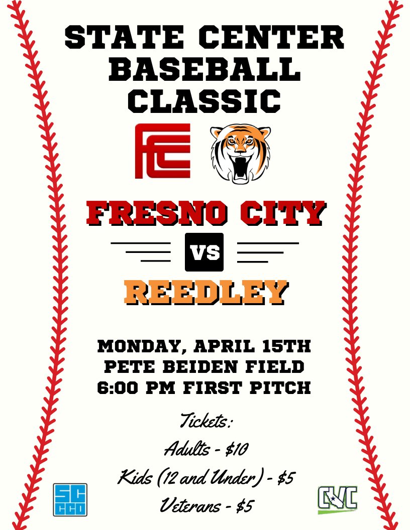 3rd Annual State Center Baseball Classic between the Rams and Tigers will be at Fresno State, Monday April 15th. Tickets can be purchased at the gate. #GoRams 🐏⚾️