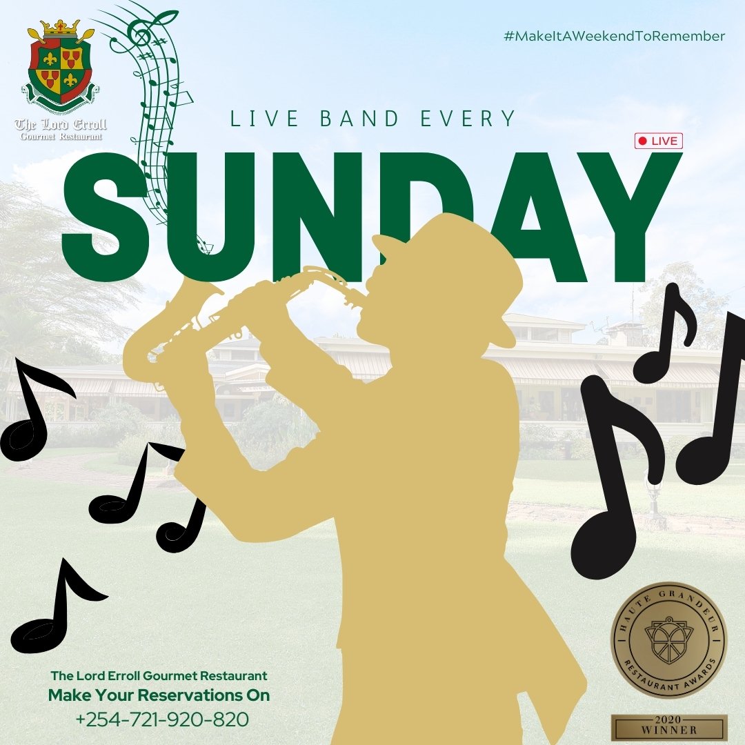 LordErroll's tweet photo. 🌟👨‍👩‍👧‍👦🎶🎷🍽️ Back By Popular Demand: Live Band Every Sunday Only At #TheLordErroll! 🥂🎺🎶👨‍👩‍👧‍👦🌟

☎️ For All Reservations (Required) &amp; Enquiries: 0721 920 820

📍Our Location: https://t.co/QUW8AU7wgt

📲 Chat With Us On Whatsapp: https://t.co/oAPdBPMEjB https://t.co/BtMsZCxRqN