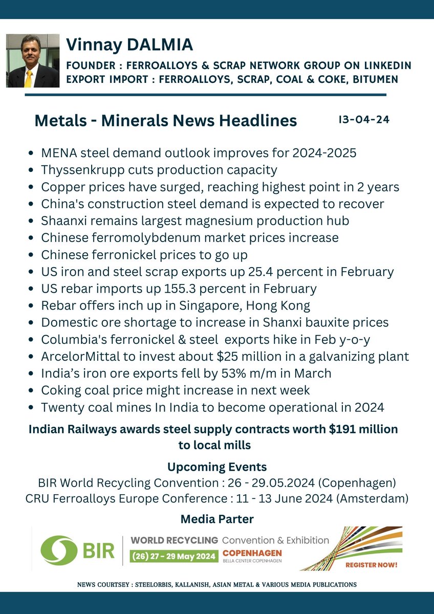 Metals - Minerals News Headlines

#metal #mineral #iron #steel #scrap #copper #ferrous #ores #zinc #worldsteel

@SteelMinIndia @sajjanjindal @BIRworld @mrai_india @Kallanish @MetalExpert @EY_MiningMetals @ArgusMedia @JM_Scindia @SanmargHindi @Neha_1007 @Manisha3005 @worldsteel