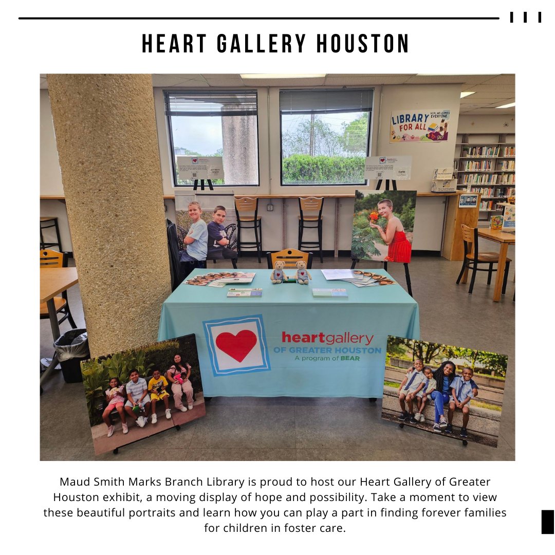 Maud Smith Marks Branch Library is proud to host our Heart Gallery of Greater Houston exhibit, a moving display of hope and possibility. Take a moment to view these beautiful portraits and learn how you can play a part in finding #foreverfamilies for children in foster care. ❤🏡