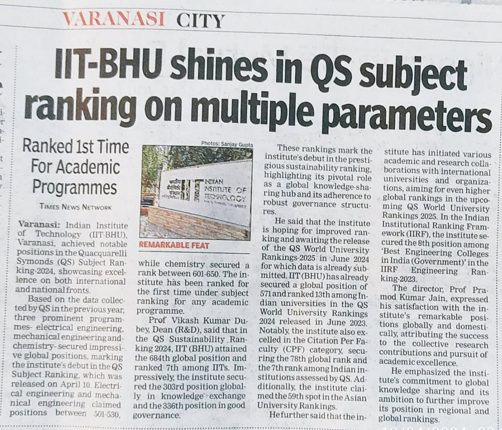IITBHU_Varanasi's tweet photo. IIT(BHU) Varanasi achieved notable positions in the Quacquarelli Symonds (QS) Subject Ranking- 2024, showcasing excellence in both the international &amp; national front.
Prof. Pramod Kumar Jain, the Director, congratulated the Institute fraternity for consistent dedication. https://t.co/7jH7TvbODi