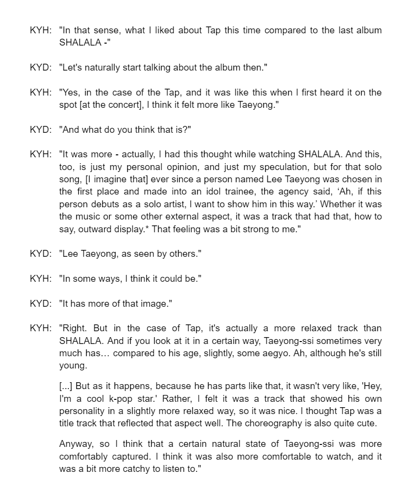 panoplieme's tweet photo. finally finished this ;;;; the discussion on #TAEYONG_TAP - the title track, the album, and #Taeyong as an artist

'Tap felt more like Taeyong' @ 44:07

'From what I see, I think that Taeyong-ssi has a weird side, and also a playful side, and also a sweet side' @ 47:06 https://t.co/QLFIauQcW8