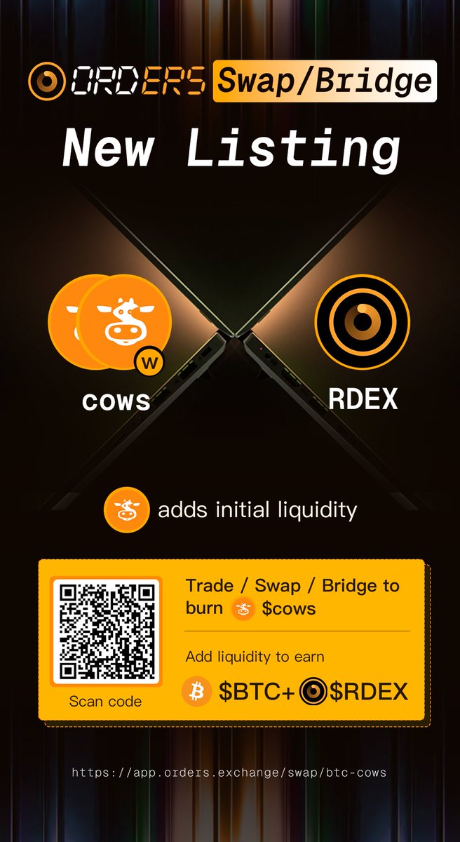 Check out @cowschina on Orders.Exchange, welcome! Add liquidity and trade at Orders.Exchange to earn plenty of $BTC and $RDEX, while helping $cows achieve perpetual deflation. Let's enter the era of comprehensive deflation with #BRC20 together! #Bitcoin #Defi