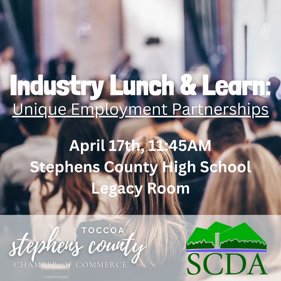 ChooseStephens's tweet photo. Calling all employers, join us on April 17th at 11:45AM for an Industry Lunch and Lead. This is an event you won't want to miss!

Please RSVP by April 17th at 12PM to brittany@scda.biz if you are interested in having lunch. 

#choosestephens https://t.co/jprIFCLa5i