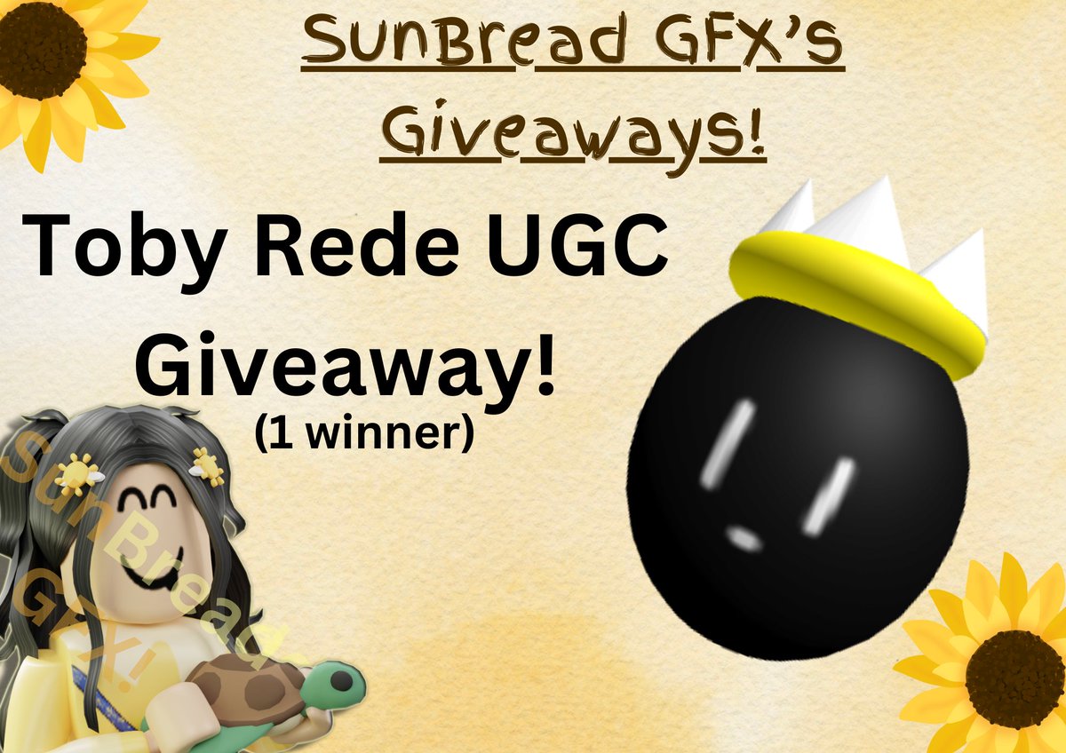 ⚠SPEED GIVEAWAY⚠ ☀SunBread's Giveaways!☀ 1 Toby Rede UGC item! HOW TO JOIN: Follow @KINGJASON1002 @Astra145299 @i_am_fou and @YoulocalSunsimp And comment! THATS IT! (Likes and retweets appreciated though!) ENDS IN 1 DAY