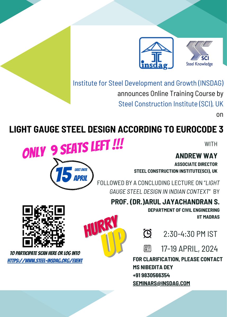 Hurry Up ! Only 9 Seats Left !!! 😲 

Go and Grab the Opportunity to learn booming LGSF Technology by the industry experts
 
#insdag #steel #lgsf #design #structure #analysis #engineer #civil #structuralengineer #eurocode