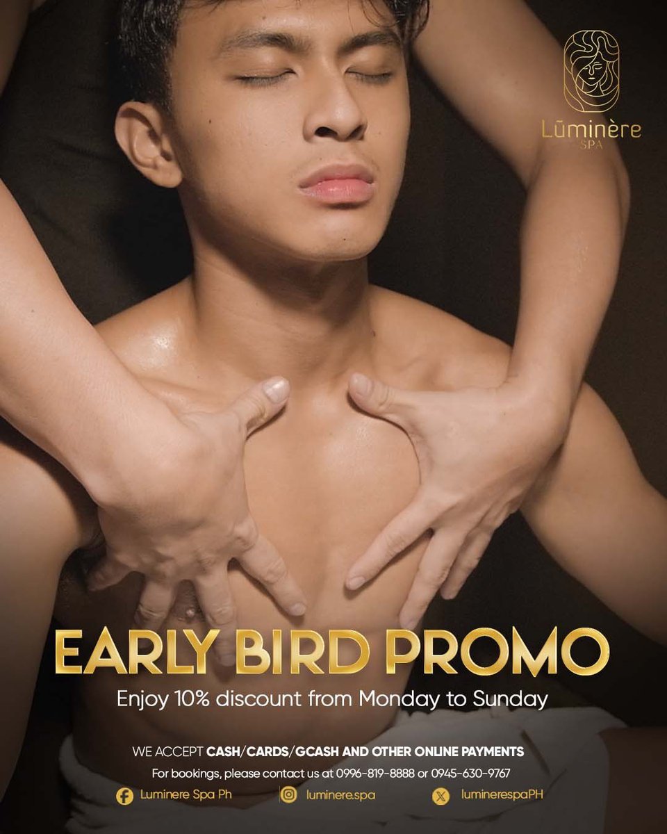 Rise and shine, gentlemen! ⭐️

Start your day like royalty with our Royal Massage and avail 10% OFF EARLY BIRD discount extended on weekends. Treat yourself to luxury and savings – book your slots now 📲

#LuminereSpaPH