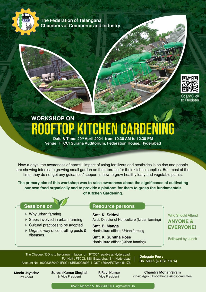 @FTCCI is organizing a Workshop on “ROOFTOP KITCHEN GARDENING” 🗓️20 April, 2024 (Saturday) 🕒10:30am - 12:30pm 📍FTCCI 🥘Followed by Lunch🍴 📝Register Now: bit.ly/49ApiM7 For further details contact: 👨🏻‍💼Mr. S. Mahesh 📶8688400903 📧agro@ftcci.in #FTCCI #FTCCIWorkshop