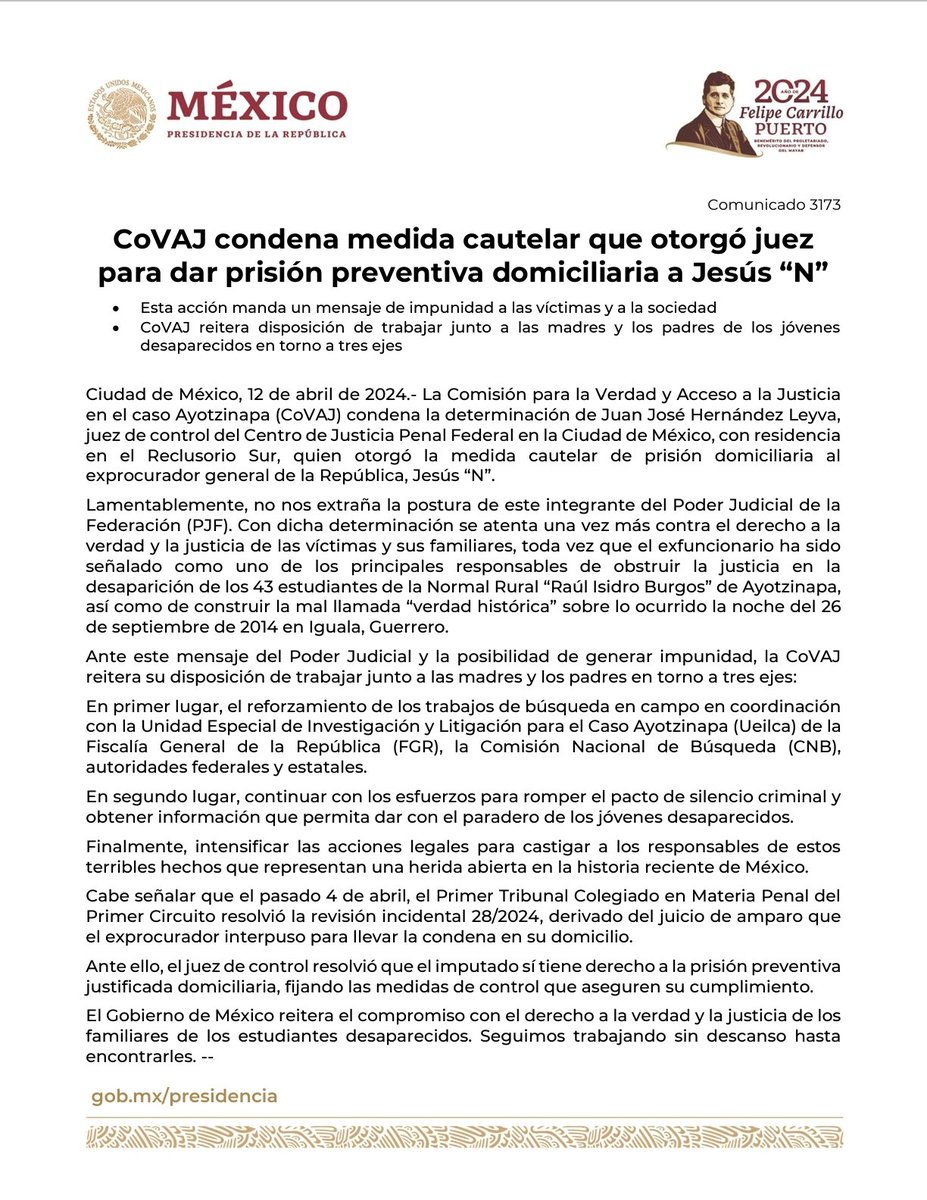 ⭕#ComunicadoPresidencia | CoVAJ condena medida cautelar que otorgó juez para dar prisión preventiva domiciliaria a Jesús “N”. Esta acción manda un mensaje de impunidad a las víctimas y a la sociedad. 📲bit.ly/3vRAFkQ