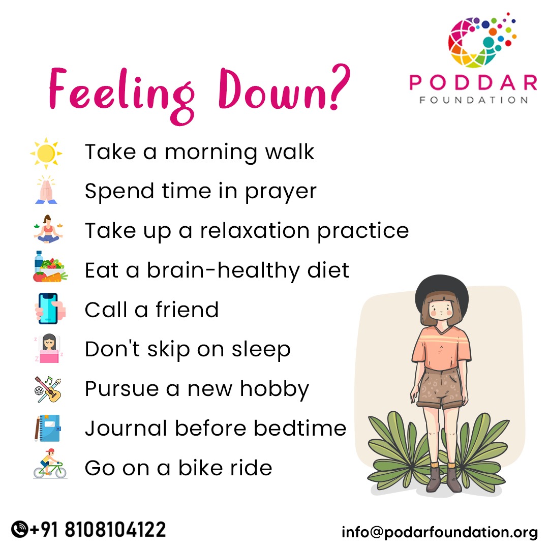 Feeling down? Here are some uplifting activities to brighten your day! 🌞🌿 Whether it's a morning walk, prayer, or trying out a new hobby, take care of your mind and body. 💬🚴‍♂️ 
#poddarfoundation #SelfCare #PositiveVibes
#SelfcareSaturday #selflove #morningwalk #prayer