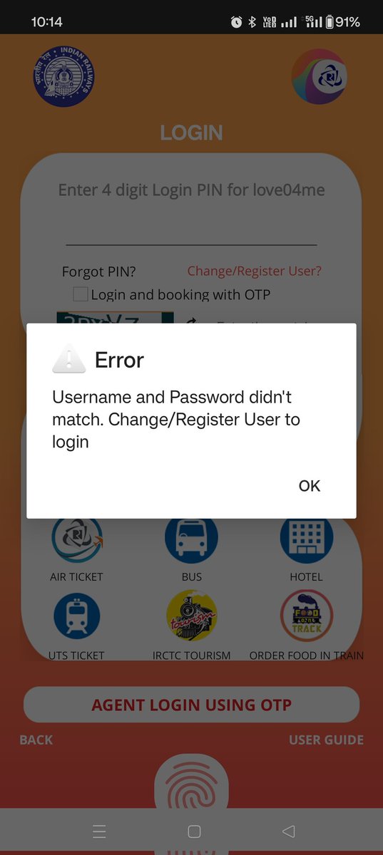 IamKapilShrivas's tweet photo. @IRCTCofficial @RailMinIndia @RailwaySeva
I unable to do login on my #IrctcMobileApp
I not changed my password still showing beloq error, Why ? https://t.co/gOjZ5SLmnn