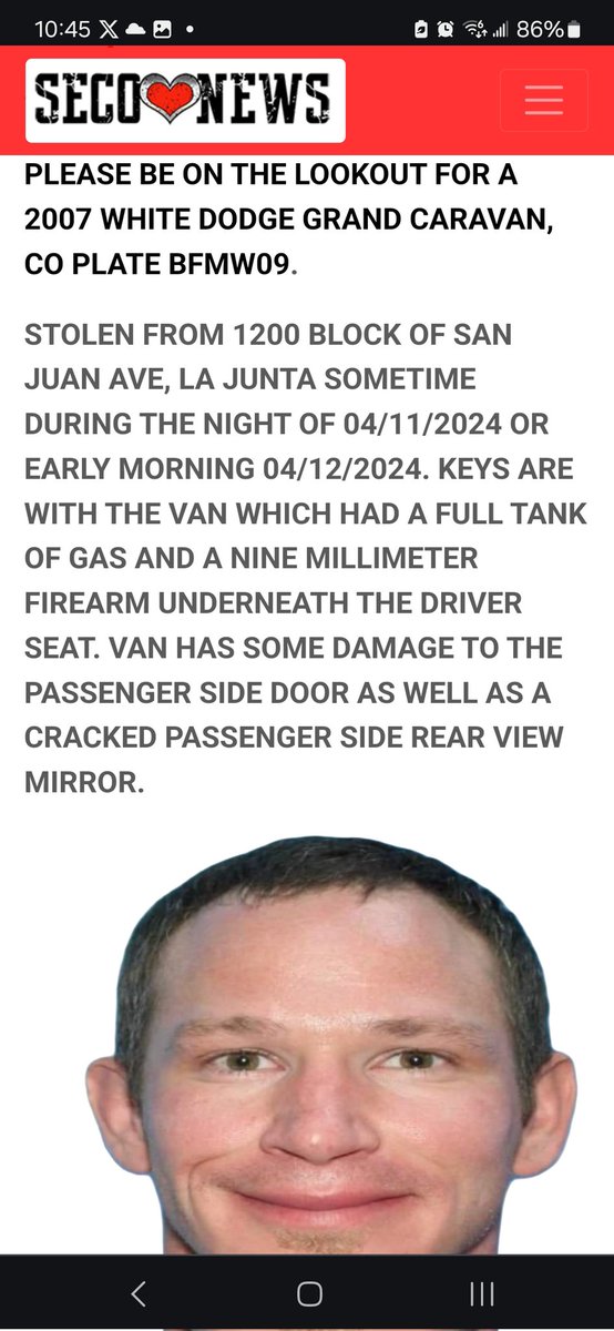 VVLieberman's tweet photo. 🚨Escape inmate update🚨 Baca County Sheriff's Office says that Collier allegedly stole a 2007 white Dodge Grand Caravan with the #Colorado license plate BFMW09. The theft either occurred on April 11 or in the early morning hours of April 12. #Escapedinmate #RonaldCollier https://t.co/OXj6axKonW