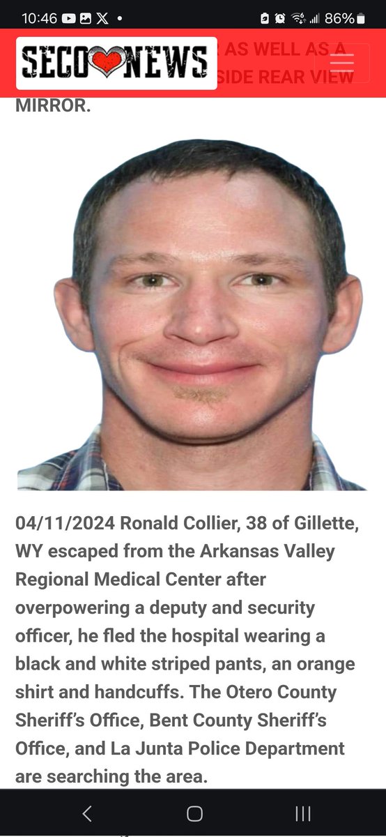 VVLieberman's tweet photo. 🚨Escape inmate update🚨 Baca County Sheriff's Office says that Collier allegedly stole a 2007 white Dodge Grand Caravan with the #Colorado license plate BFMW09. The theft either occurred on April 11 or in the early morning hours of April 12. #Escapedinmate #RonaldCollier https://t.co/OXj6axKonW