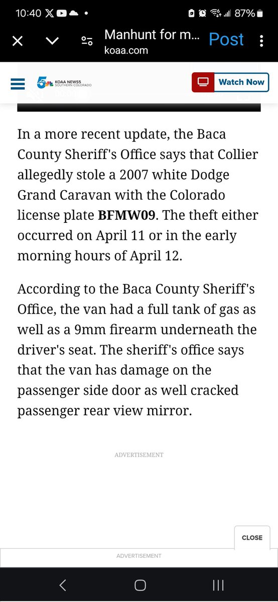 VVLieberman's tweet photo. 🚨Escape inmate update🚨 Baca County Sheriff's Office says that Collier allegedly stole a 2007 white Dodge Grand Caravan with the #Colorado license plate BFMW09. The theft either occurred on April 11 or in the early morning hours of April 12. #Escapedinmate #RonaldCollier https://t.co/OXj6axKonW