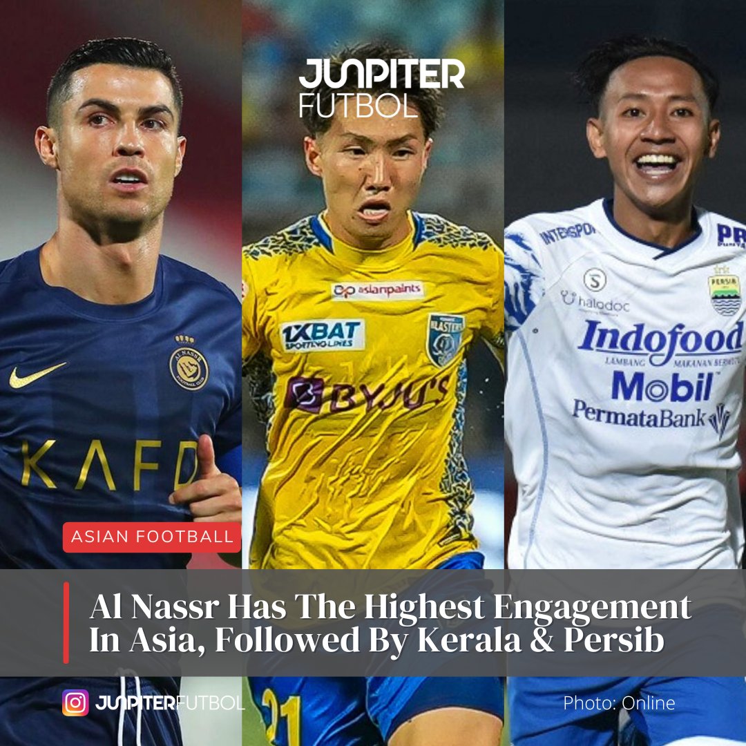 JunpiterFutbol's tweet photo. Popular data analysis site Depor Finanzas revealed highest Asian club interactions, first is Saudi Arabia's @AlNassrFC_EN (58.7 million). Following closely were India's @KeralaBlasters (16.3 million) and Indonesia's @persib (16 million). #AsianFootball https://t.co/zU7sd3DqBt