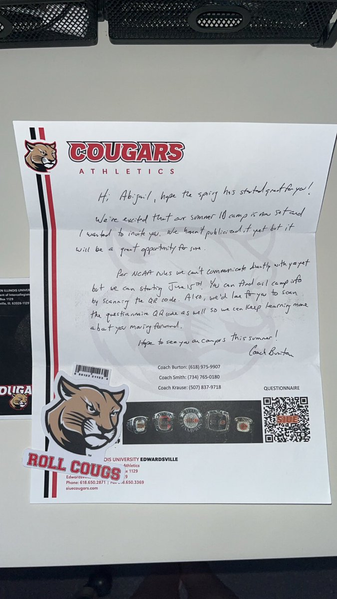 So excited to receive mail from @SIUEWSoccer!! Thank you @DerekBu07185619 for this thoughtful note!! Hope to talk to you in June!! #rollcougs @ImCollegeSoccer @SoccerMomInt @ImYouthSoccer