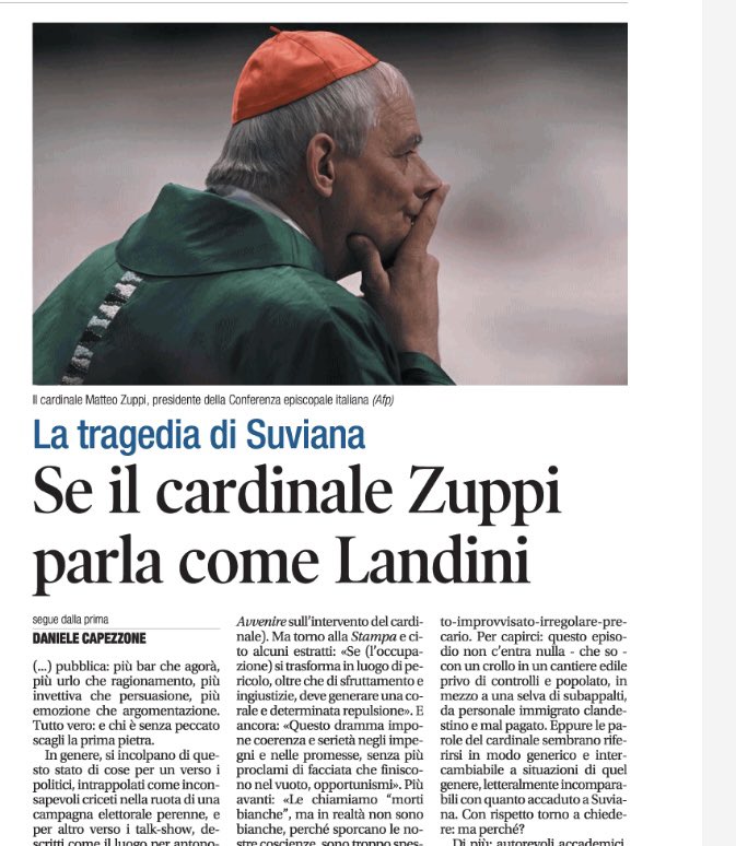 Ecco la prima di oggi di @libero_official

Mio commento. Se il cardinale Zuppi parla come Landini…