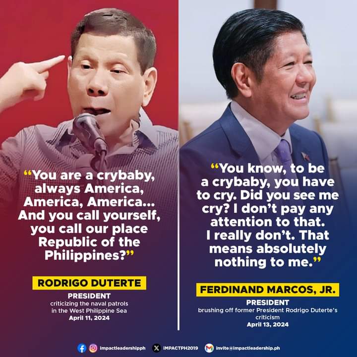 iMPACTPH2019's tweet image. 'I DON'T PAY ATTENTION TO THAT'

President Ferdinand Marcos, Jr. also brushes off former President Rodrigo Duterte's criticism of naval patrols in the West Philippine Sea (WPS), saying it has "no place in this very important and very precarious discussion".