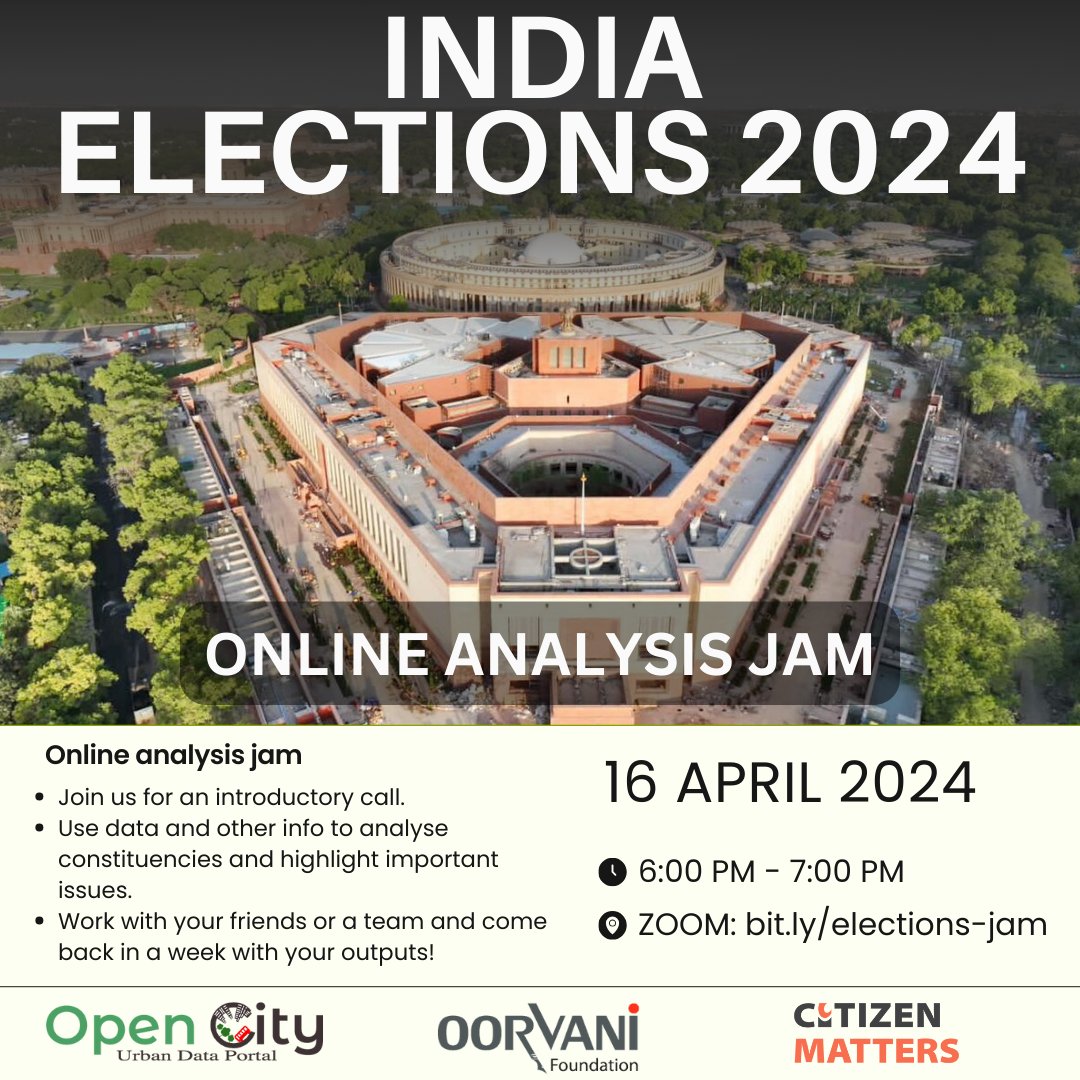 OpenCity.in invites you an analysis jam for the upcoming elections. Analyse different aspects of governance over the past terms. Join us for an introductory zoom call to know more. 🗓️: 16th April 2024 ⏰: 6:00 PM to 7:00 PM. Zoom 🔗: bit.ly/elections-jam