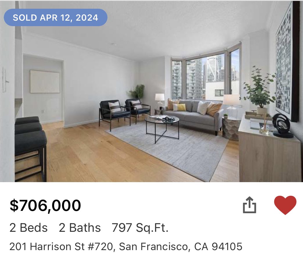 Downtown San Francisco two bedroom condo sale in the Rincon Hill neighborhood (nicer part of downtown) Purchased in 2018 for $885k Just sold for $706k