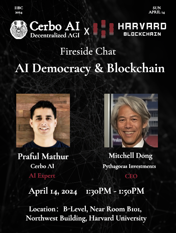 Exciting announcement! We will co-host an exclusive Fireside Chat with @HBSCryptoClub on April 14th！ Join us to engage in an extraordinary conversation about AI Democracy & Blockchain. Praful Mathur, CerboAI AI Expert & Mitchell Dong, Pythagoras CEO ⏰April 14th, 1:30…