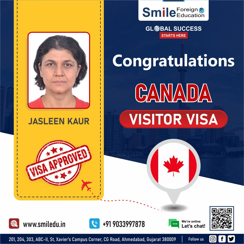 Exciting news! JASLEEN KAUR has just received approval for a Canada Visitor Visa through Smile Foreign Education! 🌟 Ready to embark on an unforgettable journey! 🇨🇦 #CanadaVisaApproved #SmileForeignEducation #AdventureAwaits