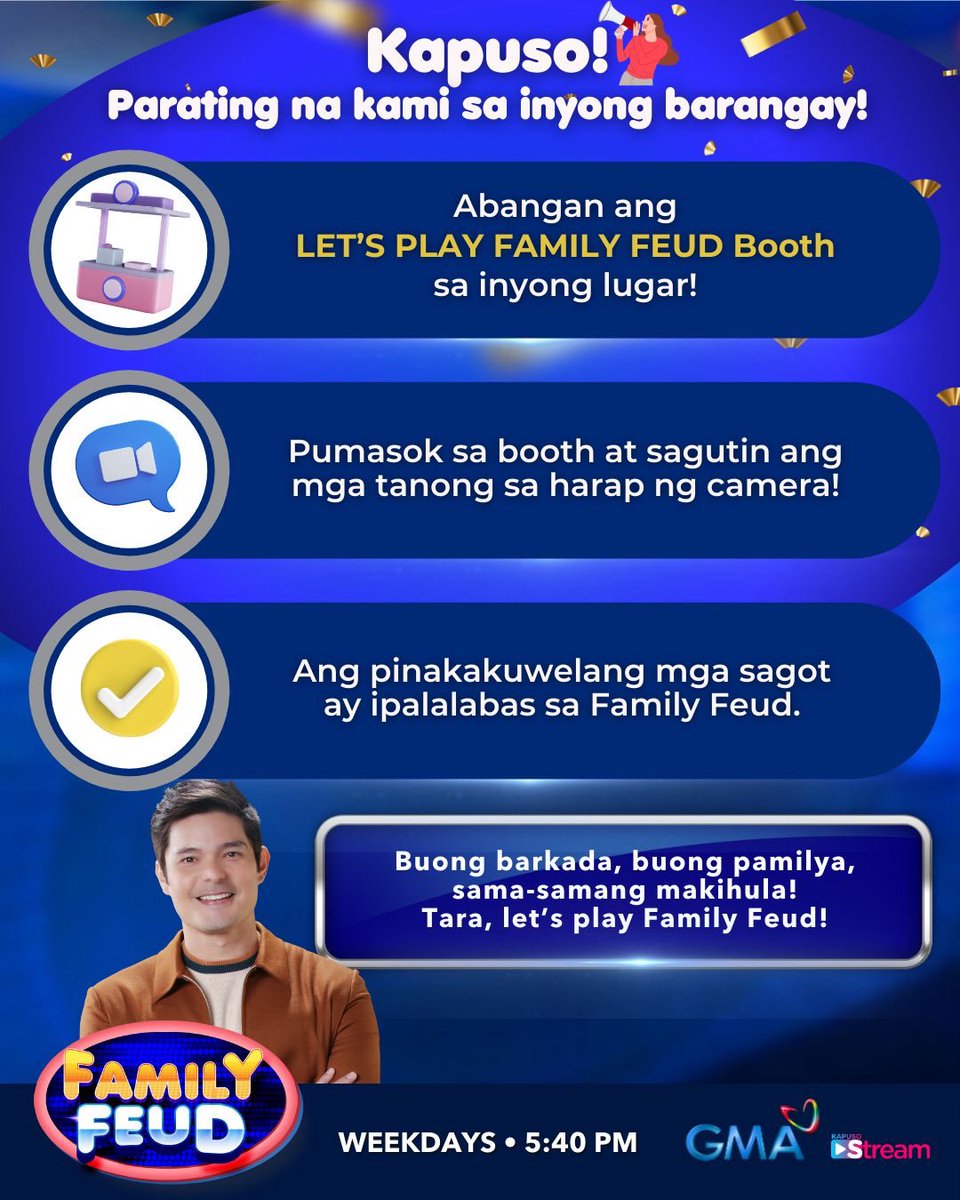 May bago at exciting kami na pakulo para sa inyo, Kapuso Fam! Abangan ang LET’S PLAY FAMILY FEUD Booth sa inyong lugar. Coming soon! 😉 #FamilyFeudPH | Weekdays at 5:40 PM on GMA