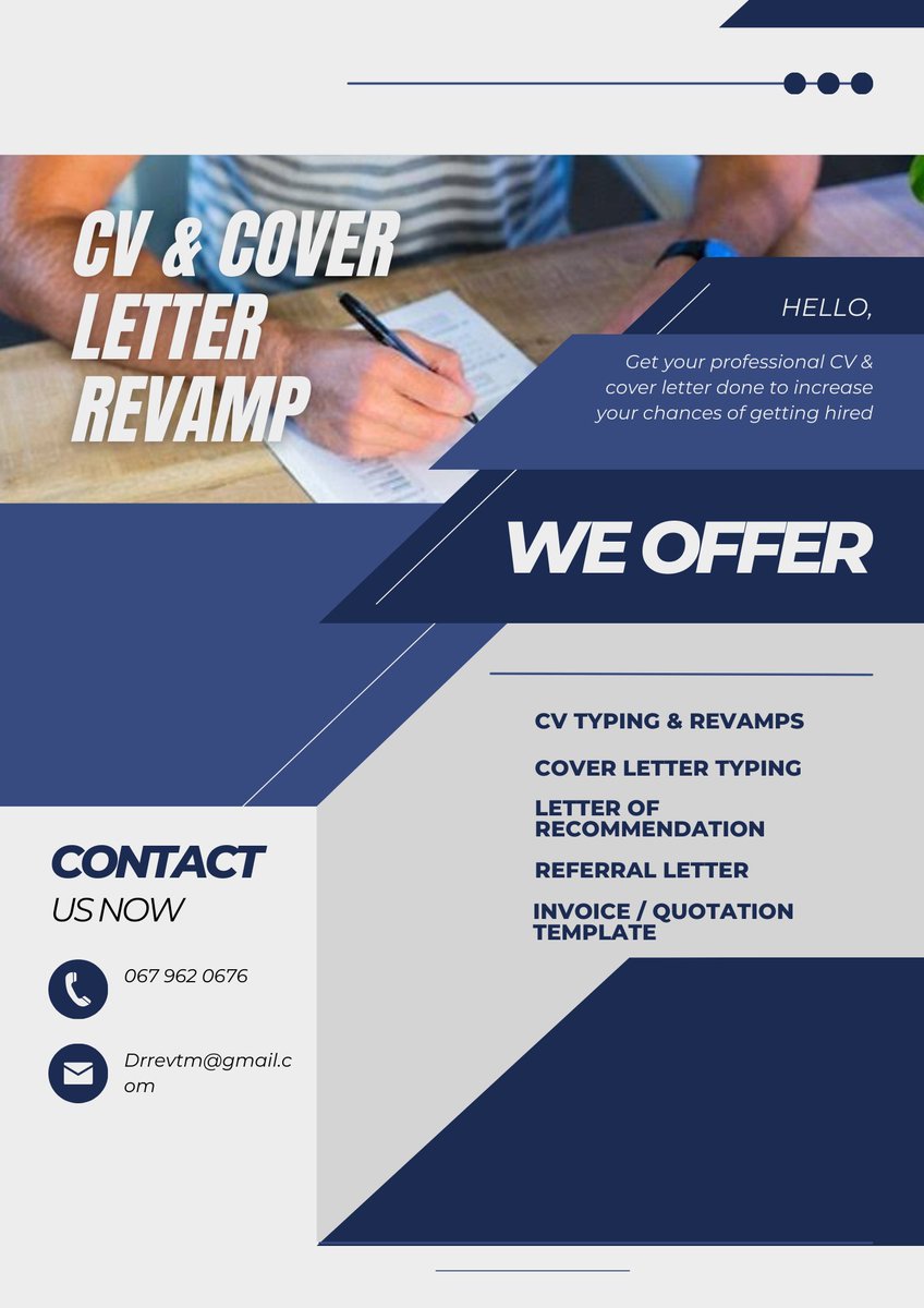 It's important to keep your CV up to date & formatted properly to attract recruiters. Let experts revamp your CV or Cover Letter today & stand a better chance of getting hired. Get 50% discount valid 13 & 14 April only. WhatsApp link: wa.me/c/27679620676 #jobseekersSA