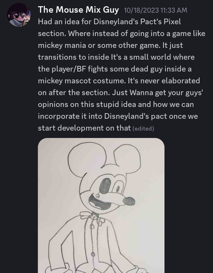 FNFMouseMix's tweet photo. Since this mod is fucking dead.
Just gonna post this scrapped idea for Disneyland's Pact that never got any feedback from the team

-64 https://t.co/MWmgjLQsTn