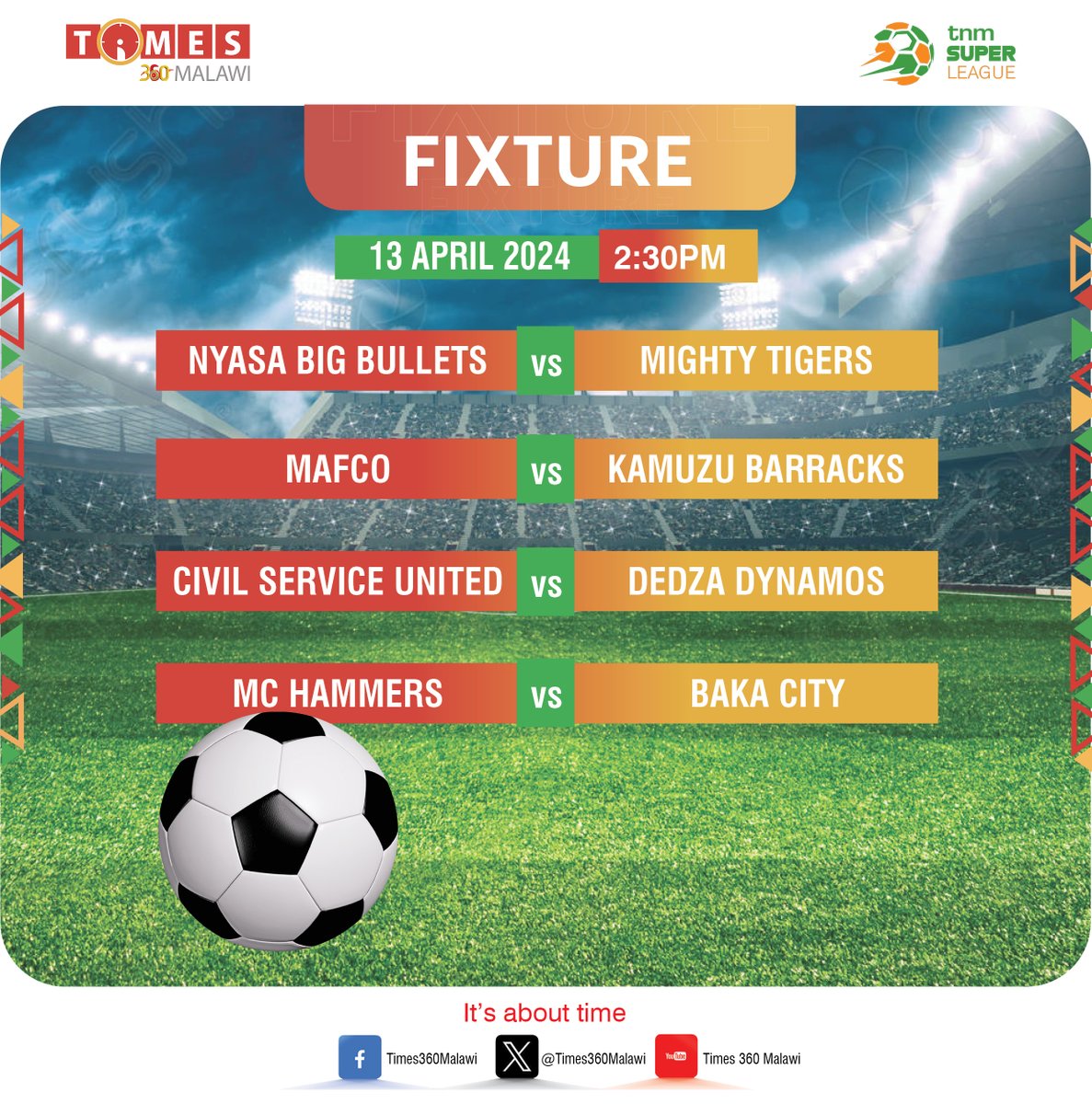 #Times360Malawi TNM Super League defending champions FCB Nyasa Big Bullets face Mighty Tigers at Kamuzu Stadium this afternoon as both sides are in search for their first wins of the season. #TimesNews