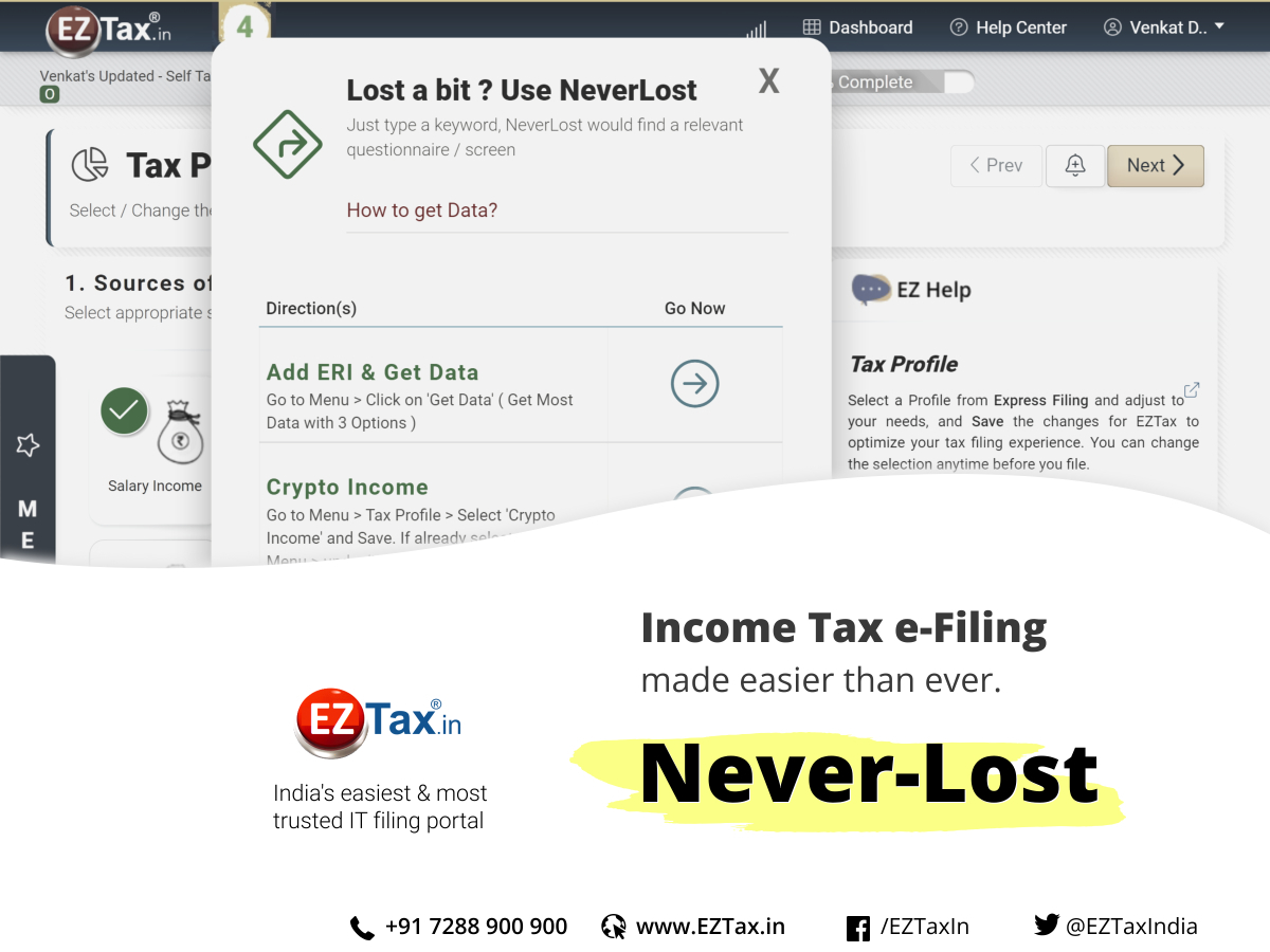 We compete on Quality Tax Compliance. 

Never-Lost is a feature for self-service taxpayers  to learn-to-adopt and do it right with their Income Tax Filing.

eztax.in/self > Start today.

#eztax #incometax #incometaxportal #ITR