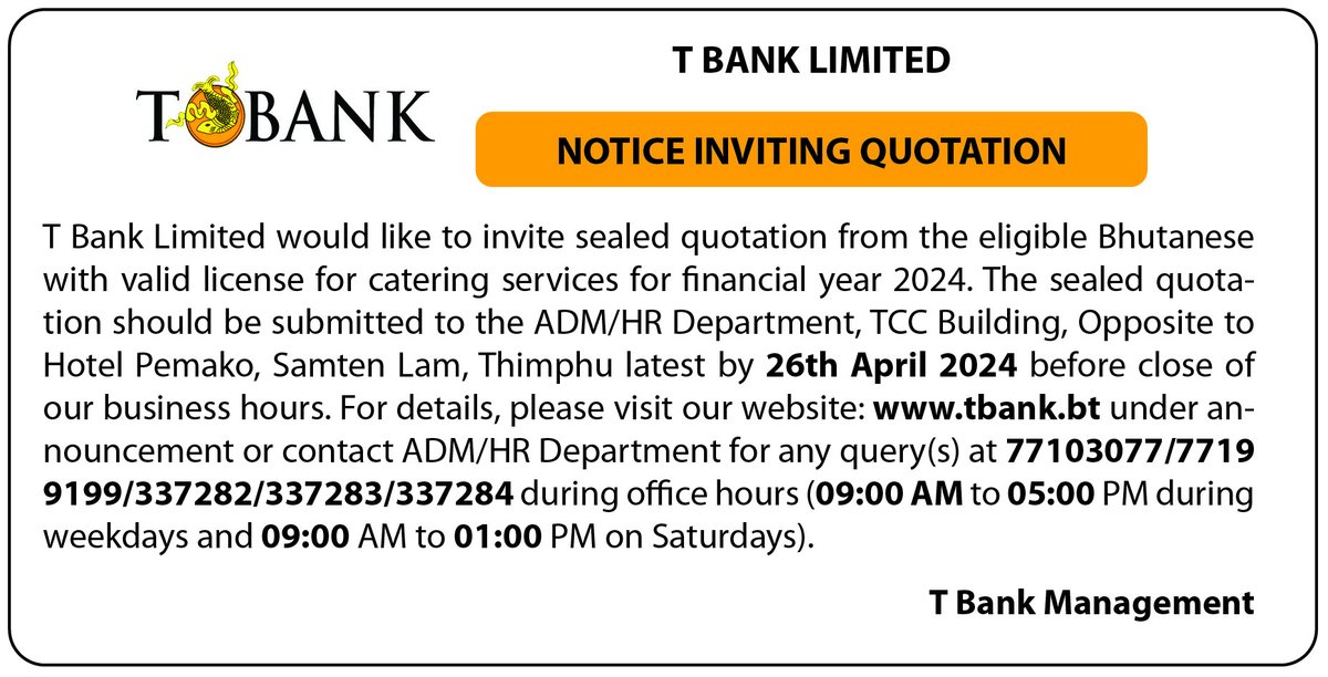 (Advertisement) 𝐍𝐨𝐭𝐢𝐜𝐞 𝐈𝐧𝐯𝐢𝐭𝐢𝐧𝐠 𝐐𝐮𝐨𝐭𝐚𝐭𝐢𝐨𝐧: T BANK