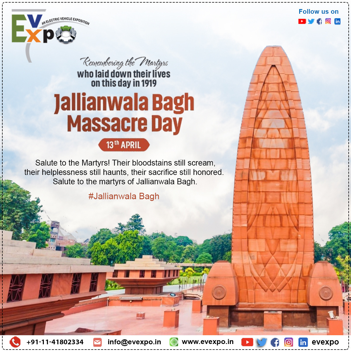 Today, at EvExpo, we remember the tragic events of Jallianwala Bagh Massacre Day. On this solemn occasion, we honor the lives lost in the 1919 massacre, a dark chapter in India's struggle for independence. 

#JallianwalaBaghMassacre  #jallianwalabagh  #Peace  #FreedomIsNotFree