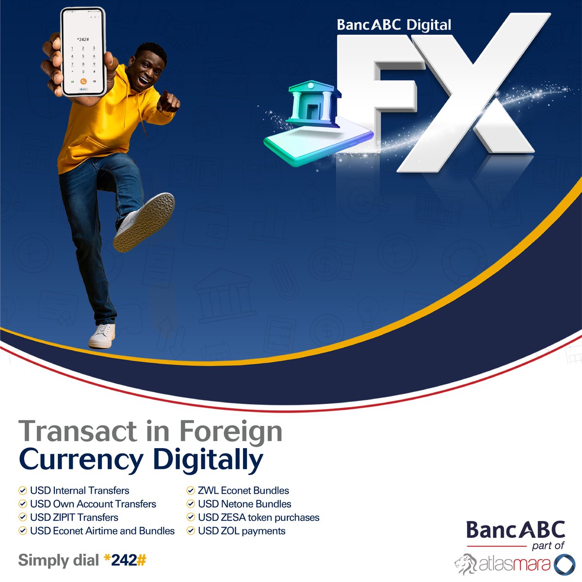 Dial *242# and conduct foreign currency transactions digitally📲 ✅ USD Internal Transfers ✅ USD Own Account Transfers ✅ USD ZIPIT Transfers ✅ USD Econet Airtime & Bundles ✅ USD Netone Bundles ✅ USD ZESA Token Purchases ✅ USD Liquid Payments #BancABCDigitalFX