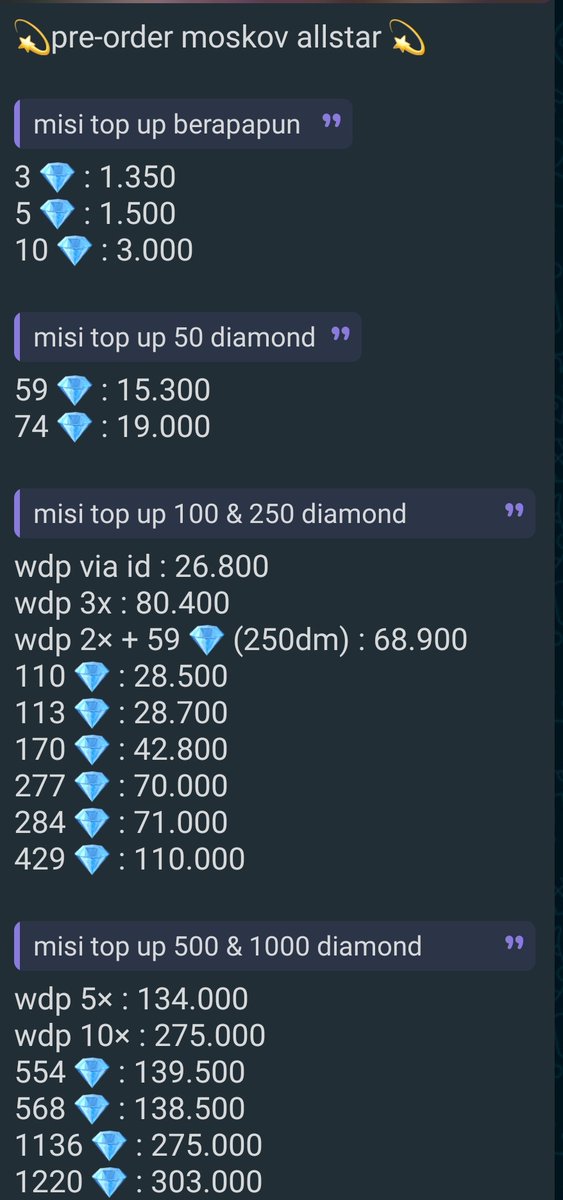 hamsLter's tweet photo. open PO misi top up event moskov, dikirim jam 3 sesuai antrian yeahh

#zonauang
wdp dm diamond weekly daily pass murah trusted allstar https://t.co/EgLEmAVtKP