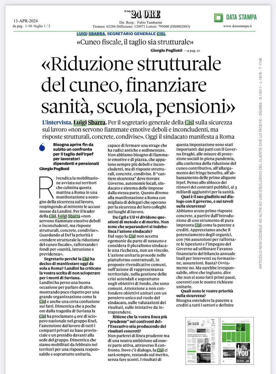 CislNazionale's tweet photo. #LuigiSbarra su ‘Il sole24ore’: “Non da oggi ma dal 1950 la Cisl non accetta più egemonie da parte di nessuno. Ragioniamo da sempre con la nostra testa, e consideriamo il pluralismo sindacale una ricchezza, non un vincolo. Attenzione a non confondere obiettivi unitari con un pensiero unico sul ruolo del sindacato, sulle valutazioni dei risultati, sulle iniziative da intraprendere”.